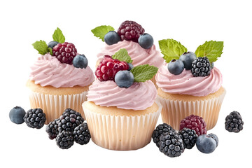 Tasty cupcakes with different berries and mint on wooden table isolated on white background side view front view selected focus