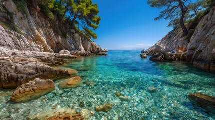 Clear turquoise sea between rocky cliffs with pine trees under a bright blue sky, peaceful summer coastal landscape.