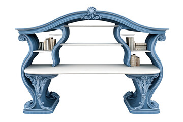 modern curved blue and white study desk bookshelf with elegant carving isolated on white background with clipping path