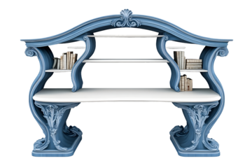 modern curved blue and white study desk bookshelf with elegant carving isolated on white background with clipping path