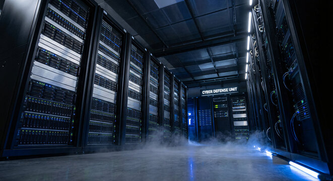 Wysokie szafy serwerowe w data center, widok z dołu, mgła
