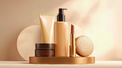 Luxury cosmetic products displayed on a podium with soft light, showcasing modern beauty branding.