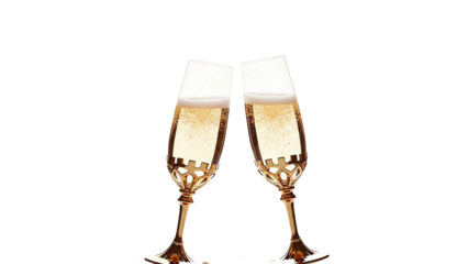 Two champagne flutes with bubbly golden liquid on white background