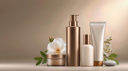 Elegant cosmetic bottles and jars styled with a white flower on a soft beige background.