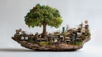 Large green tree growing on a floating island made of reclaimed objects against a clean background.