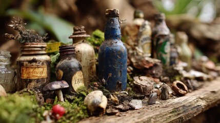 Vintage glass bottles arranged in a forest setting with moss, leaves, and natural textures.