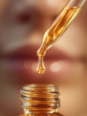 Macro Shot of Golden Cosmetic Oil Dripping from a Glass Pipette into a Bottle Luxury Essential Serum for Skin Care and Anti-Aging Treatment with Blurred Female Face Background Professional Esthetics