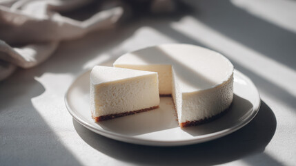 Minimalist Slice of Creamy New York Style Cheesecake on a White Plate with Natural Sunlight and Soft Shadows Elegant Gourmet Dessert Presentation for Cafe Bakery Menu and Food Blog Background Concept