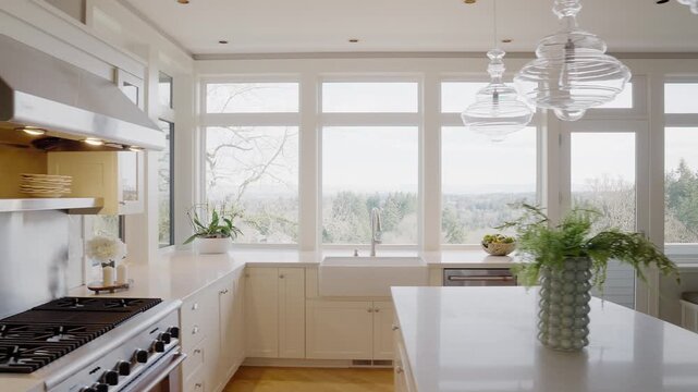 Slow motion move through ultra high-end kitchen, modern real estate interior