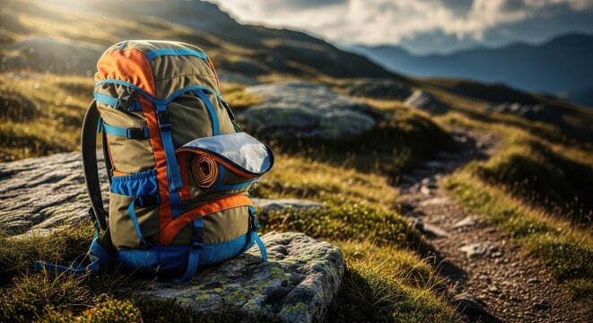 A durable, large hiking rucksack resting on rough terrain near a trail, ready for an outdoor adventure and long journey, pack, hillside, tourism
