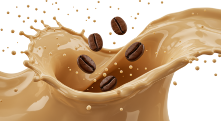 Viscous splash of creamy latte, rich brown, turbulent wave, frozen droplets, dark roasted Arabica beans, isolated on transparent studio background, concept for luxurious coffee advertising