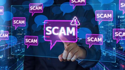 Businessman touching virtual screen with glowing red Scam and warning alert notifications