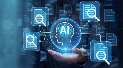 Hand holding virtual AI head icon with document search and analysis symbols