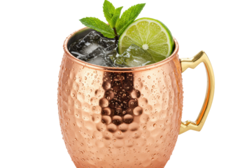 Classic Moscow Mule cocktail in a hammered copper mug with a gold handle, crystalline ice, heavy condensation, mint, and lime on a white background, macro shot. Concept for premium beverage
