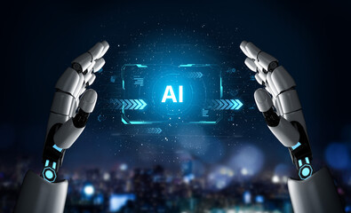 A self-aware AI assistant displays its central processing hub on a futuristic interface. This generative technology demonstrates its capabilities in machine learning and data analysis. Fermion