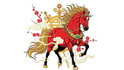 Obraz premium Red Horse with Golden Mane Illustration.