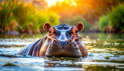 A close-up view of a large, semi-submerged, hippo in a body of water. Sunlit background, water plants. Focus on its face