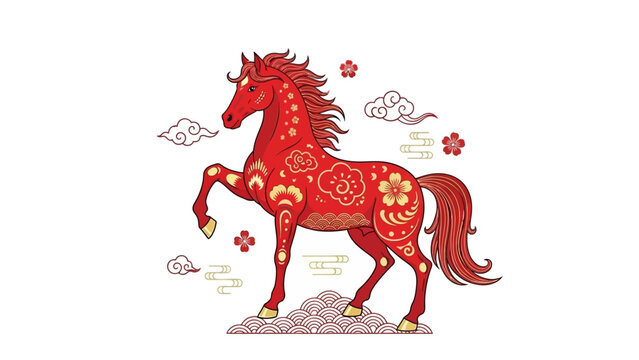 Red Horse with Floral Patterns and Ornaments.
