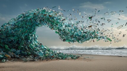 Massive wave made of discarded electronics crashing over desert sand, perfect concept for e-waste, overconsumption and environmental technology campaigns.
