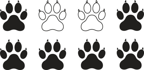 Wild animal paw print icon set with claws featuring grizzly bear and wolf tracks in silhouette and outline styles for hunting and wildlife nature conservation. © Sagor