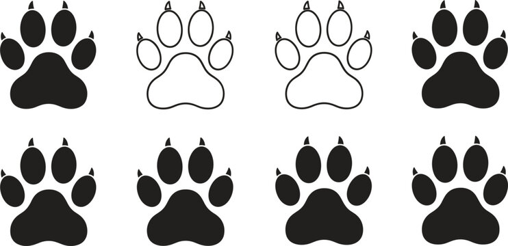 Wild animal paw print icon set with claws featuring grizzly bear and wolf tracks in silhouette and outline styles for hunting and wildlife nature conservation.