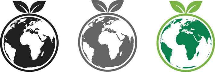 Eco friendly planet earth globe icons with green leaves for environmental conservation sustainability global ecology nature protection and renewable energy concepts. © Sagor