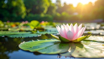 A close-up shot of a delicate pink flower floating on a pond with lily pads, bathed in sunlight. Green trees are in the blurry background