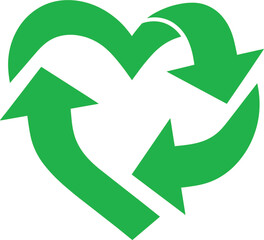 Obraz premium Green heart-shaped recycling symbol with three circular arrows for environmental conservation eco-friendly branding and sustainable lifestyle concepts.