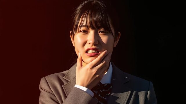 顎に手を当てて痛みや違和感を訴えるブレザー制服の女子学生