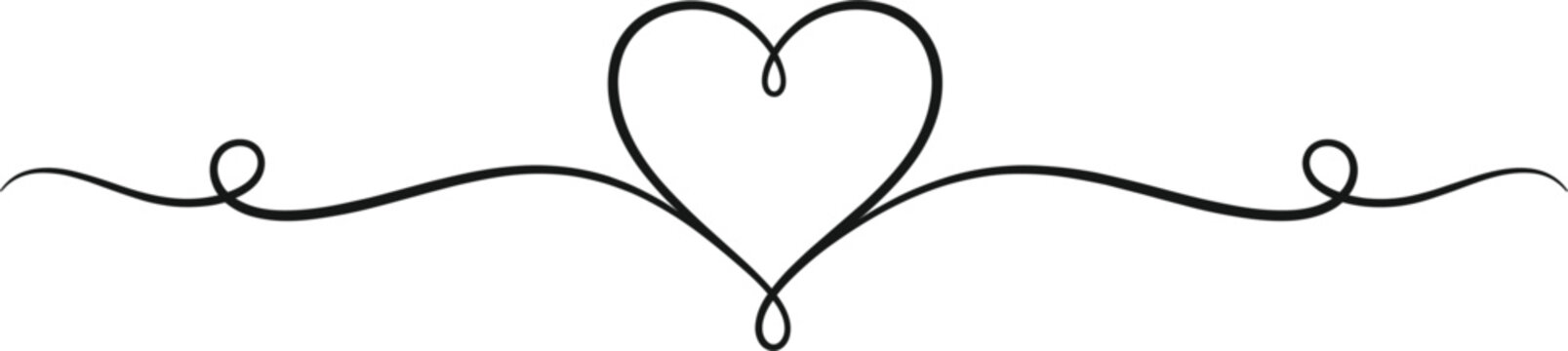 Elegant continuous line heart flourish with decorative swirls for wedding invitations, Valentine's Day cards, romantic branding, and delicate feminine floral border design elements.