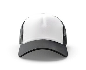 A trucker hat with a white front panel, black brim, and mesh back, set against a white backdrop