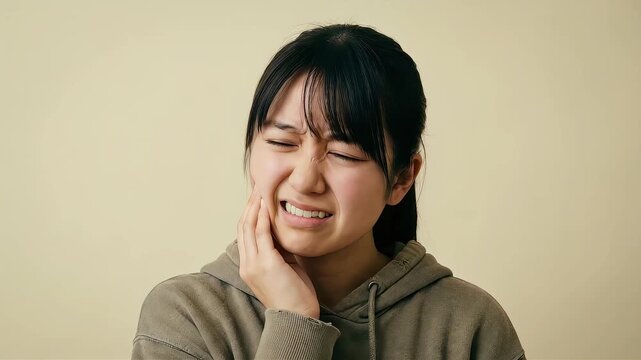 虫歯や知覚過敏の鋭い痛みを感じ、眉間にしわを寄せて苦悶の表情を浮かべるパーカー姿の女性