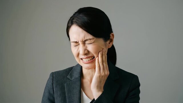 頬を押さえて苦悶の表情を浮かべる女性会社員。歯痛・顎関節症の不調