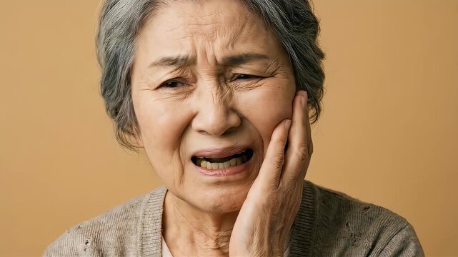 虫歯や歯周病の痛みを訴えて頬を押さえるシニア女性