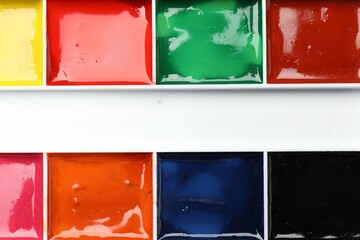 Palette with watercolor paints as background, top view