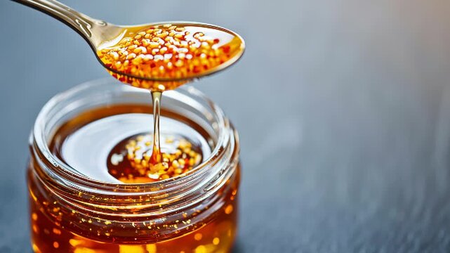 Clear glass jar filled with chili-infused honey and a spoon  