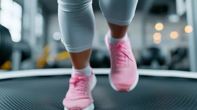 Adult woman jogging on rebounder mat in gym while exercising  