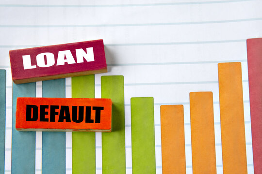LOAN DEFAULT - words on wooden blocks against the background of colorful graphics