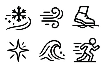 Winter Dash Icons. Snowrun Winter Dash set in outline vector style : crisp snow grain, rushing wind curve, frozen step, icy flare, fast frost wave, chilled motion dot