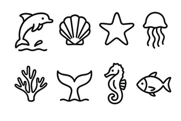 Ocean Icons Collection. Aquatic Fauna set in outline vector style: dolphin arc, seashell, starfish, jellyfish, coral branch, whale tail, seahorse, tide fish