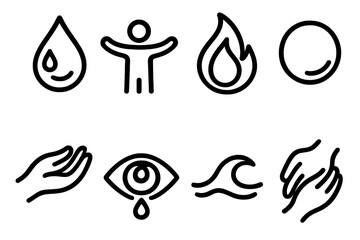 Icons of Empathy. Deep Shared Emotions set in outline vector style: tear of empathy, open arms icon, calm flame, reflective circle, caring gesture, understanding eye, soothing wave, tenderness symbol