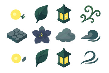Evening Garden Icons. Garden evening retreat pieces set in isometric flat vector : firefly glow orb, leaf silhouette, lantern glow, vine curl, stone path tile,