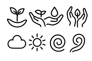 Nurturing Icon Set. Caring Support set in outline vector style : uplifted sprout, soft cradle curve, warm nurture bead, tender droplet, gentle protection arc,