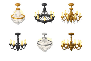 Isometric Chandelier Icons. Classic chandeliers set in isometric flat vector : crystal chandelier, hanging chains, candle light bulbs, ornate arms, glow aura, ceiling mount