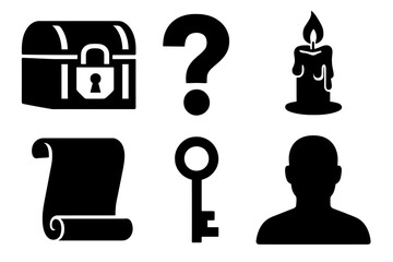 Mystery Icon Set. Mystery icon set in silhouette bold style. Contain Locked Box, Question Mark, Candle, Scroll, Key, Silhouette