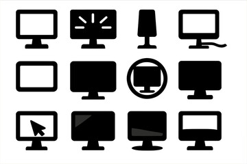 Brutalist Portal Icons. Display Portal icon set in silhouette bold style. Contain upright monitor slab, luminous panel wash, stand stem, cable tail form, bezel