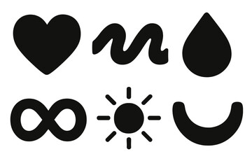 Brutalist Icon Set. Soft affection icon set in silhouette bold style. Contain mellow heart, light wave, calming droplet, gentle loop, warm radiance, subtle curve