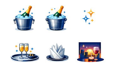 Modern Party Elegance. Luxury party vector set in modern flat style : ice bucket, chilled bottle, silver tray, napkin fold, ambient sparkle, evening light