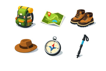 Nomadic Adventure Icons. Nomads set in isometric flat vector : Backpack, Map, Hiking Boots, Hat, Compass, Walking Stick