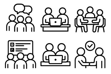 Office Teamwork Icons. Office teamworkset in outline vector style group meeting, discussion bubbles, shared desk, task board, laptop collaboration, agreement check